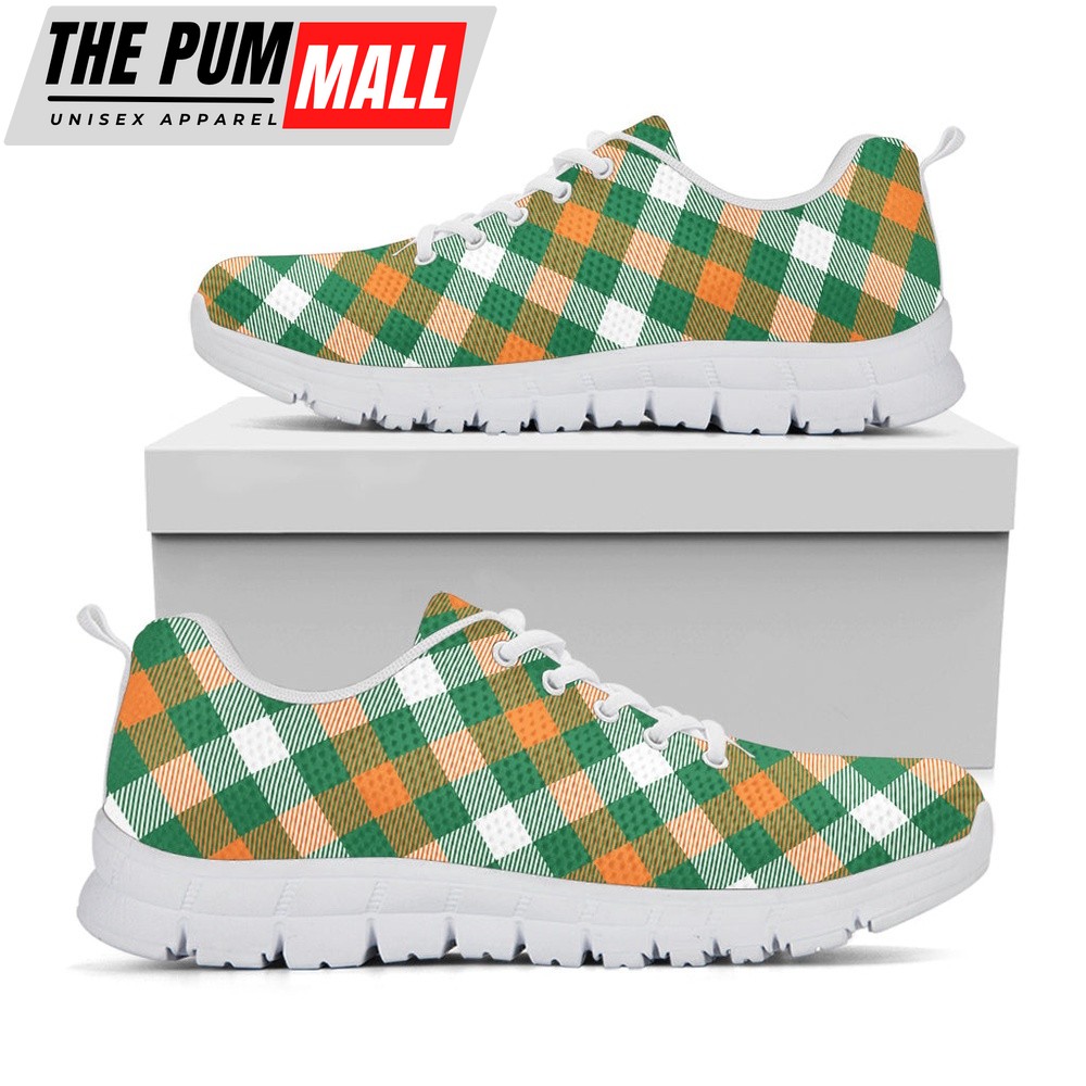 St Patrick’s Day Shoes, St. Patrick’s Day Plaid Pattern Print White Running Shoes, St Patrick’s Day Sneakers