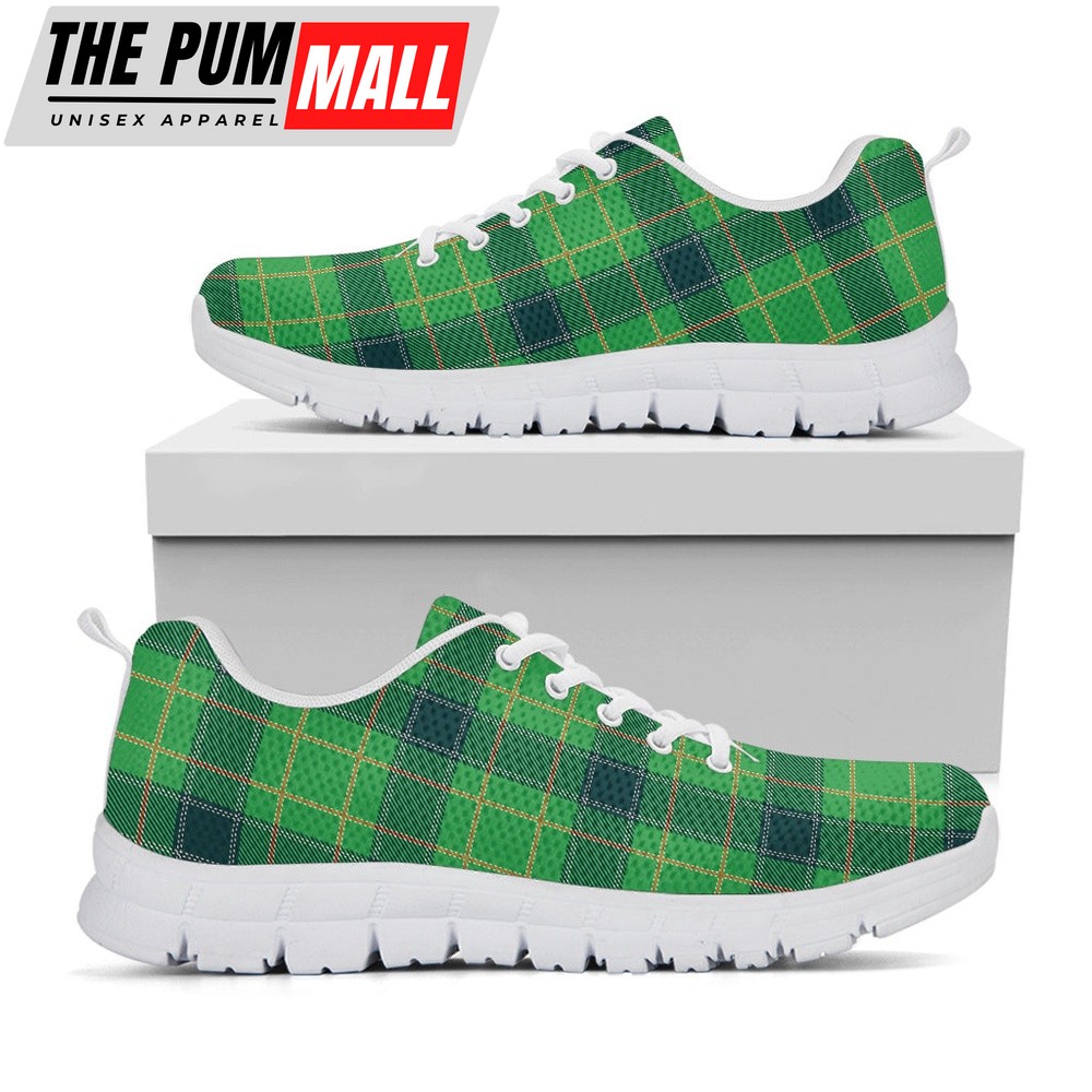 St Patrick’s Day Shoes, St. Patrick’s Day Scottish Plaid Print White Running Shoes, St Patrick’s Day Sneakers
