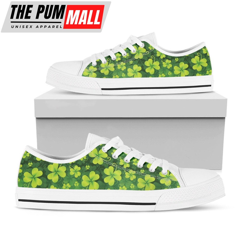 St Patrick’s Day Shoes, St. Patrick’s Day Shamrock Pattern Print White Low Top Shoes, St Patrick’s Day Sneakers