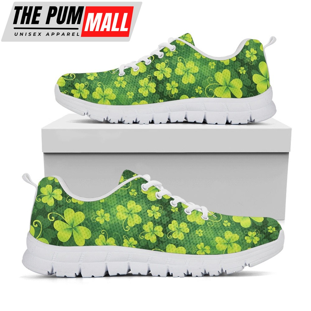 St Patrick’s Day Shoes, St. Patrick’s Day Shamrock Pattern Print White Running Shoes, St Patrick’s Day Sneakers
