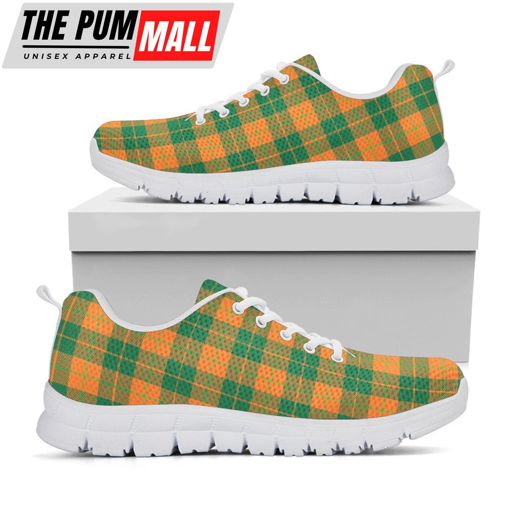 St Patrick’s Day Shoes, St. Patrick’s Day Stewart Plaid Print White Running Shoes, St Patrick’s Day Sneakers