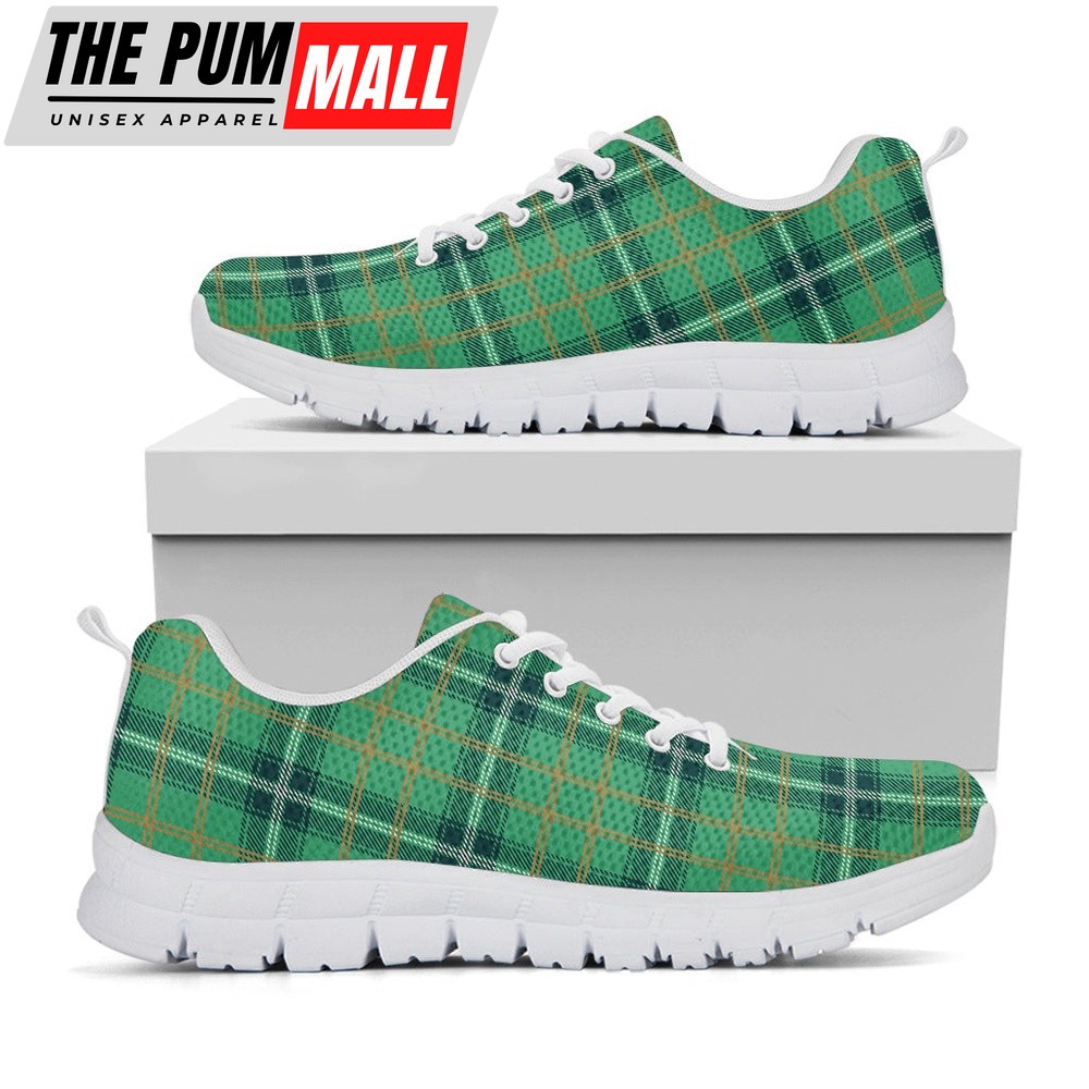 St Patrick’s Day Shoes, St. Patrick’s Day Tartan Pattern Print White Running Shoes, St Patrick’s Day Sneakers