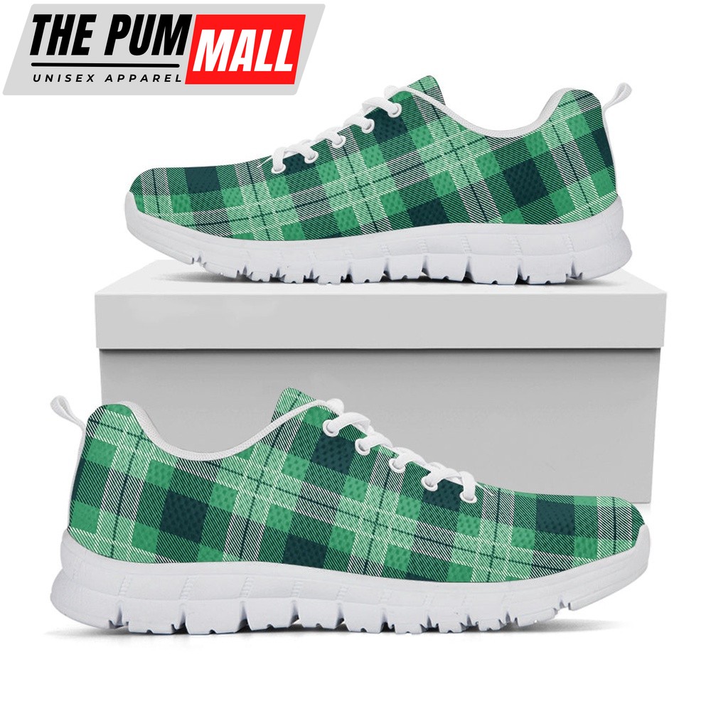 St Patrick’s Day Shoes, St. Patrick’s Day Tartan Print White Running Shoes, St Patrick’s Day Sneakers
