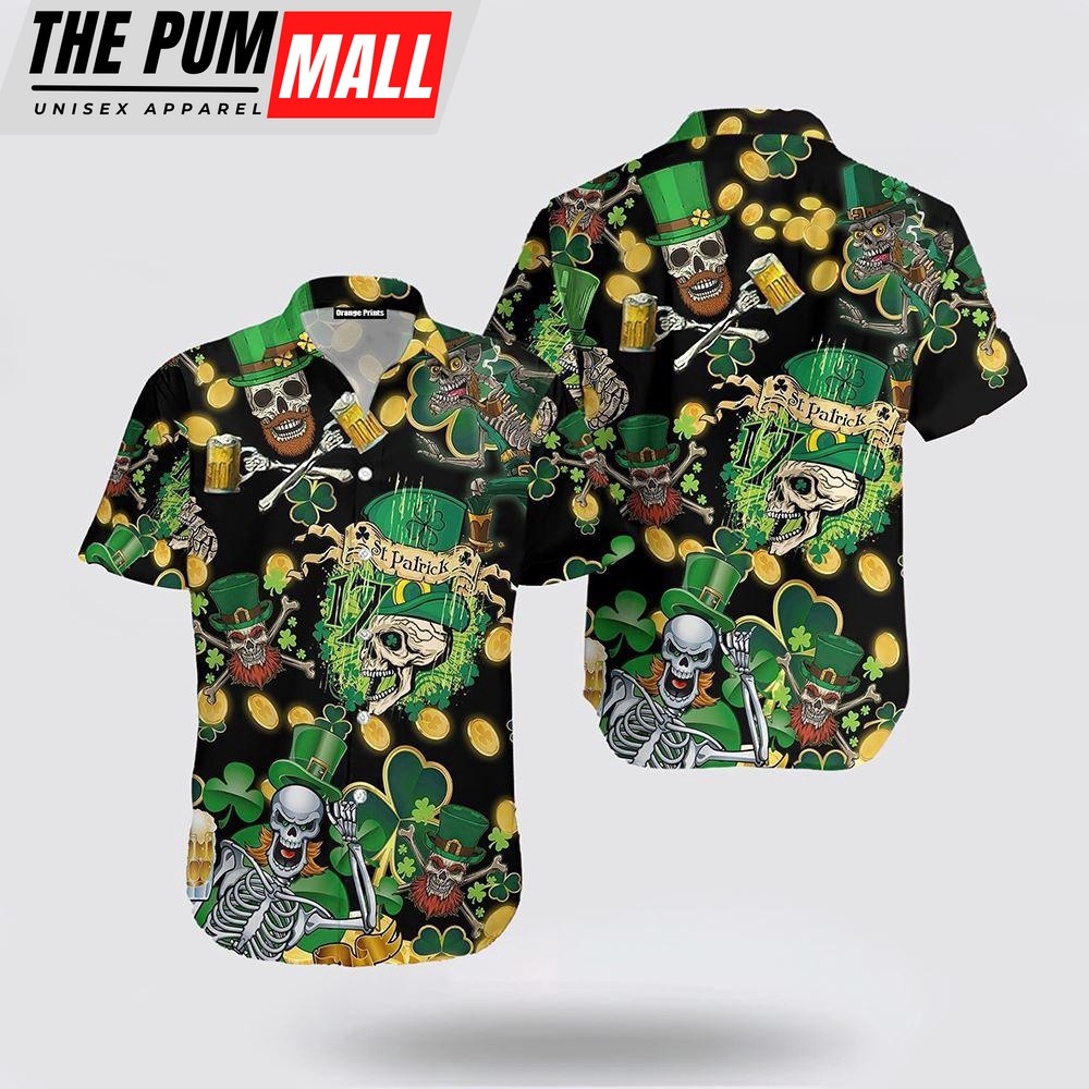 St. Patrick’S Day Skull Hawaiian Shirt, St Patricks Day Shirts, Shamrock Hawaiian Shirt