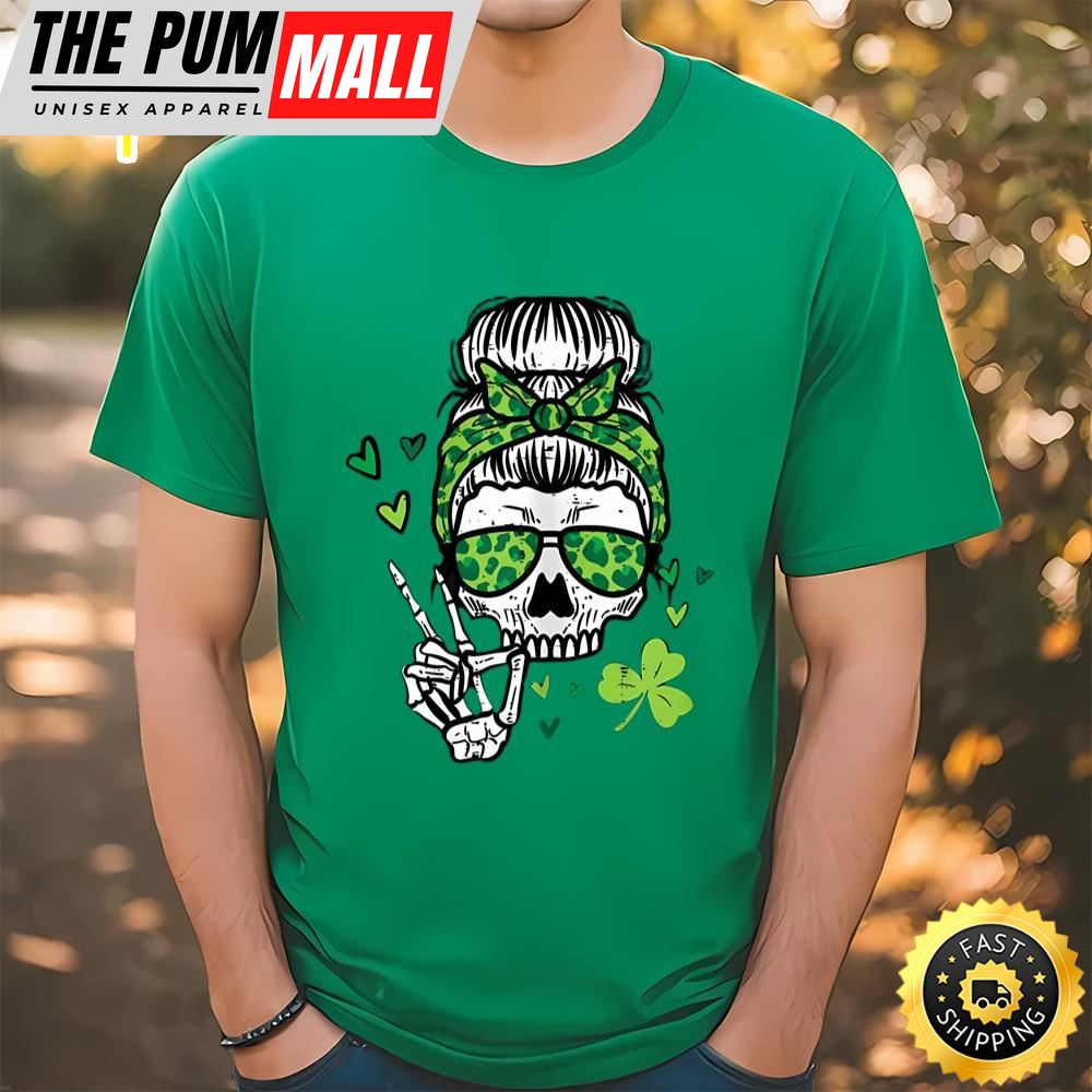 St Patricks Day Skull Messy Bun Saint Pattys Paddys T-Shirt