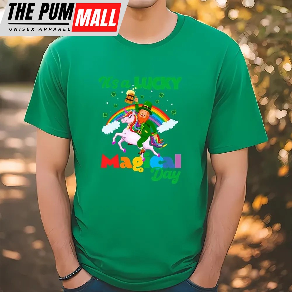 St Patricks Day T Shirt, It’s A Lucky Magical Day Leprechaun Unicorn Rainbow T-Shirt, Funny St Patricks Day Shirts