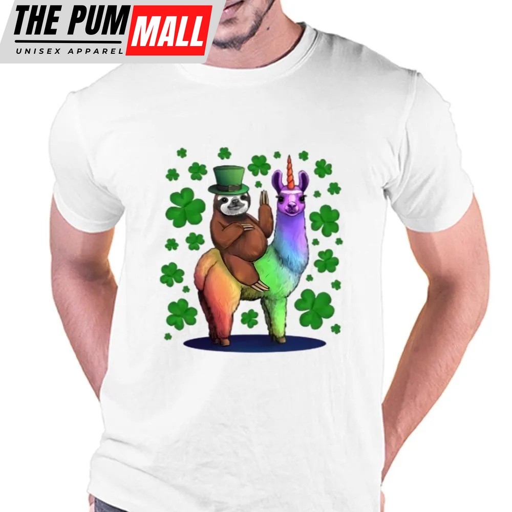St Patricks Day T Shirt, Leprechaun Sloth Riding Llama Unicorn St Patricks Day T-Shirt, Funny St Patricks Day Shirts