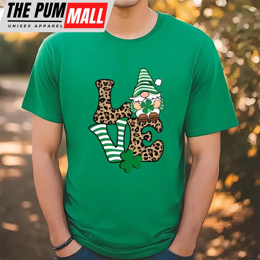 St Patricks Day T Shirt, Love St. Patrick’s Day Gnome Leopard Print T-Shirt, Funny St Patricks Day Shirts