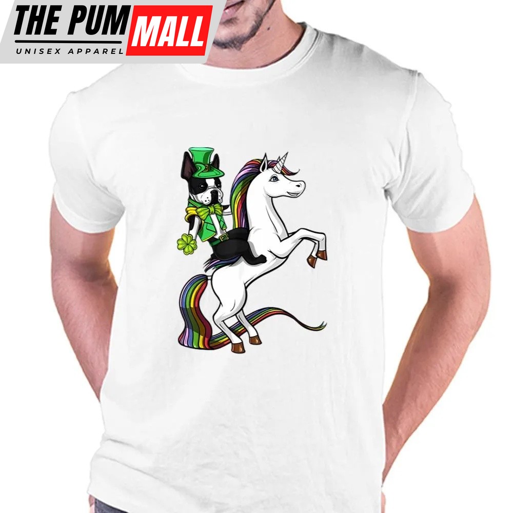 St Patricks Day T Shirt, St Patricks Day Boston Terrier Dog Riding Unicorn T-Shirt, Funny St Patricks Day Shirts