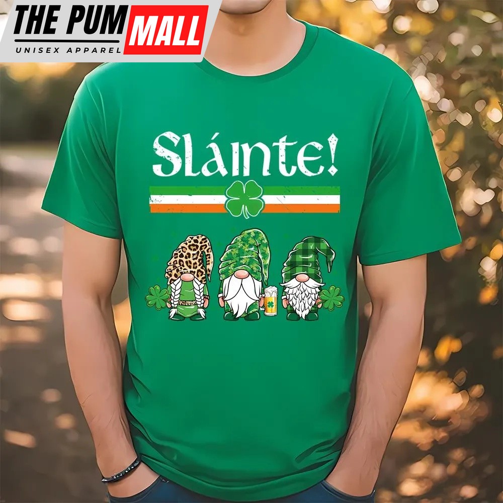 St Patricks Day T Shirt, Three Gnomes Leprechaun Irish Flag Cheers Slainte St. Patrick’s Day T-Shirt, Funny St Patricks Day Shirts