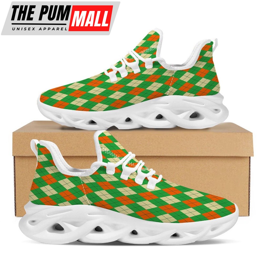 St Patrick’s Running Shoes, Argyle Saint Patrick’s Day Print Pattern White Running Shoes, St Patrick’s Day Shoes