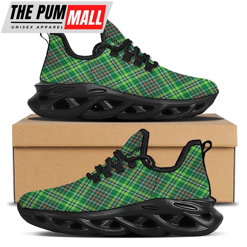 St Patrick’s Running Shoes, Irish Tartan Saint Patrick’s Day Print Pattern Black Running Shoes, St Patrick’s Day Shoes