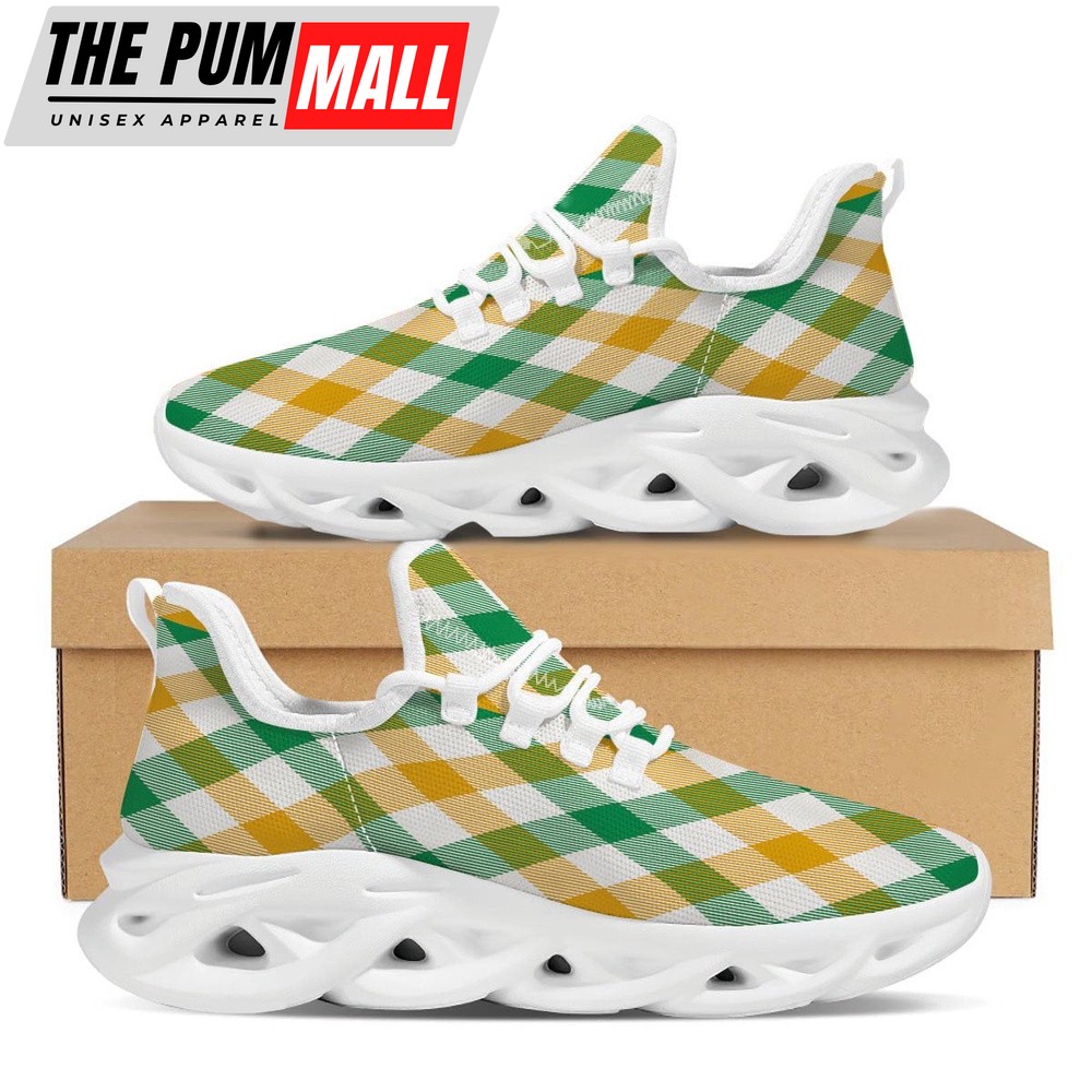 St Patrick’s Running Shoes, Patrick’s Day Irish Plaid Print White Running Shoes, St Patrick’s Day Shoes