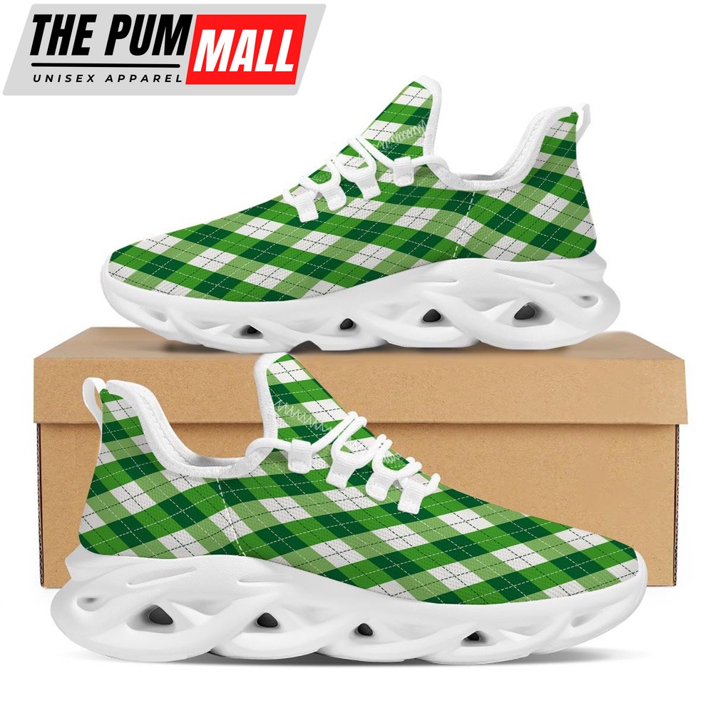 St Patrick’s Running Shoes, Plaid Saint Patrick’s Day Print Pattern White Running Shoes, St Patrick’s Day Shoes