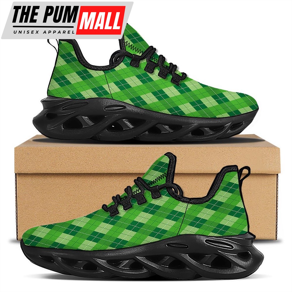 St Patrick’s Running Shoes, Plaid St. Patrick’s Day Print Pattern Black Running Shoes, St Patrick’s Day Shoes