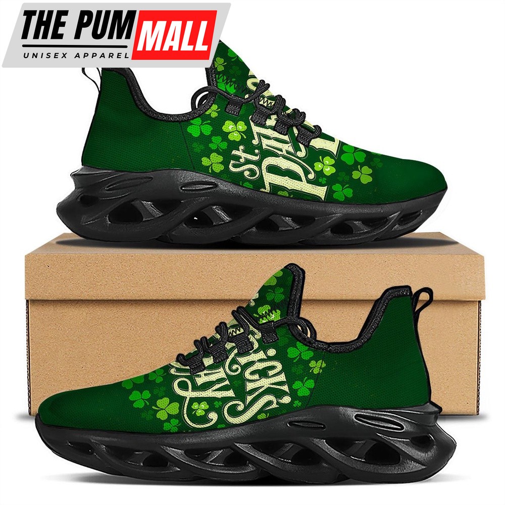 St Patrick’s Running Shoes, Saint Patrick’s Day Green Clover Print Black Running Shoes, St Patrick’s Day Shoes