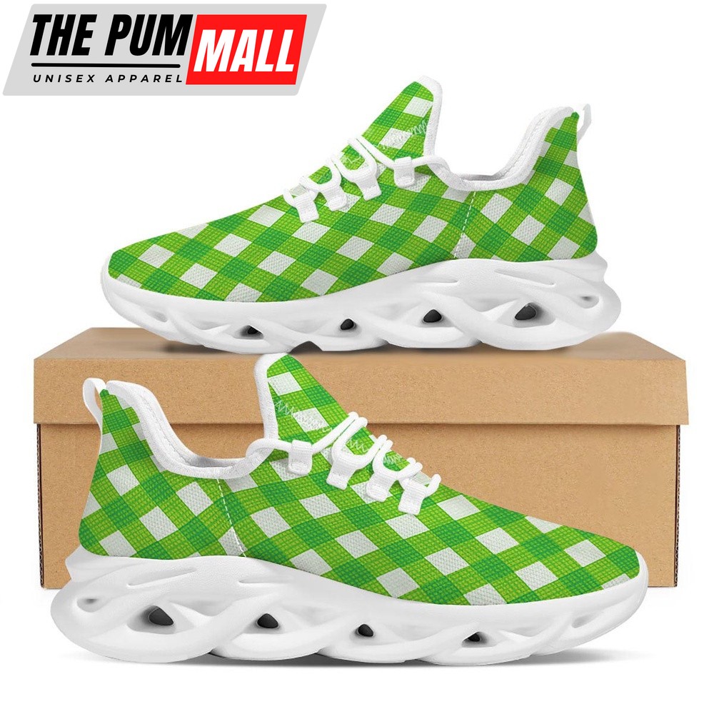 St Patrick’s Running Shoes, Saint Patrick’s Day Green Plaid Print White Running Shoes, St Patrick’s Day Shoes