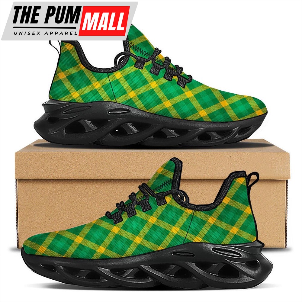 St Patrick’s Running Shoes, Saint Patrick’s Day Irish Plaid Print Black Running Shoes, St Patrick’s Day Shoes
