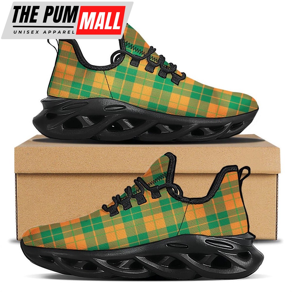 St Patrick’s Running Shoes, Saint Patrick’s Day Irish Tartan Print Black Running Shoes, St Patrick’s Day Shoes