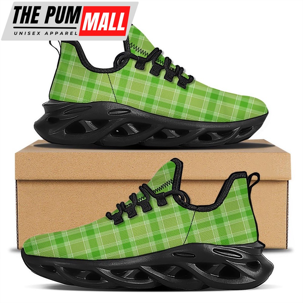 St Patrick’s Running Shoes, Saint Patrick’s Day Shamrock Plaid Print Pattern Black Running Shoes, St Patrick’s Day Shoes
