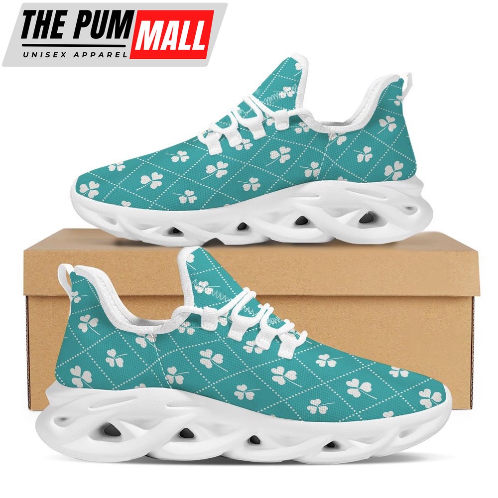 St Patrick’s Running Shoes, Saint Patrick’s Day Shamrock Print Pattern White Running Shoes, St Patrick’s Day Shoes