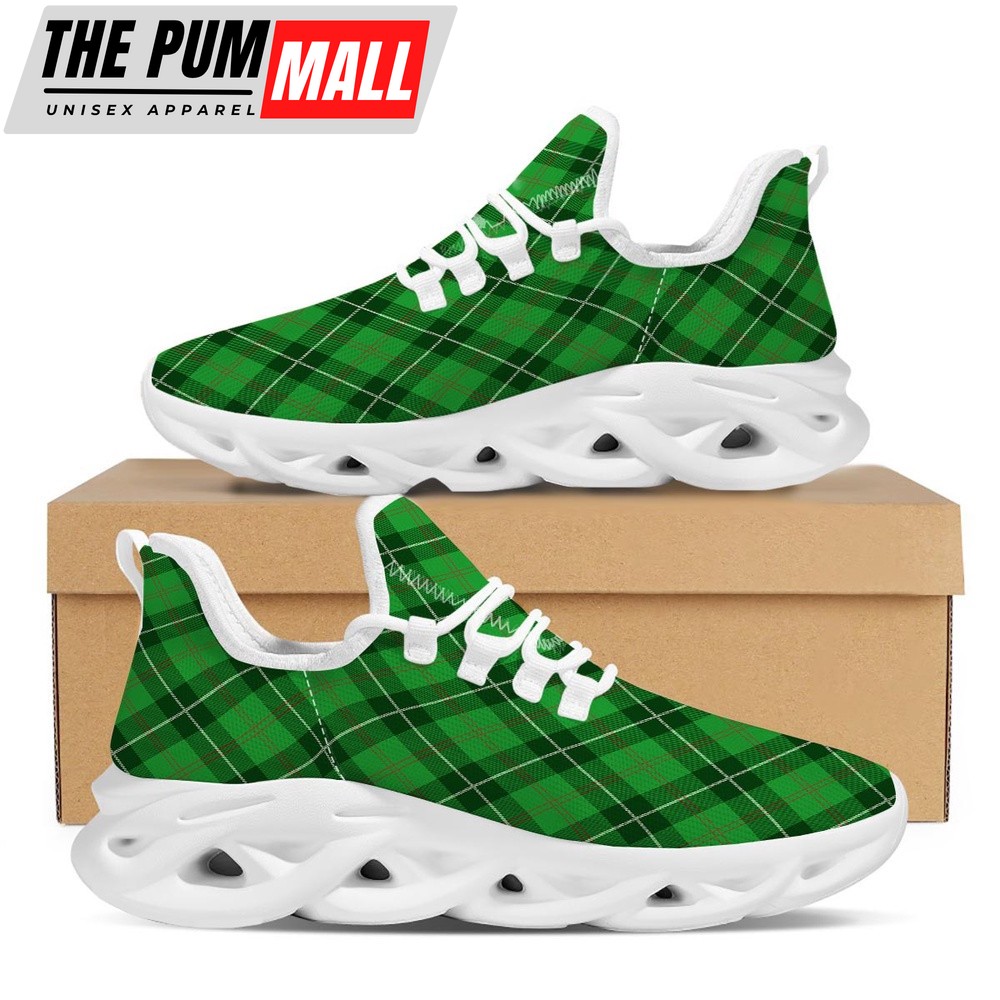 St Patrick’s Running Shoes, Scottish Plaid Saint Patrick’s Day Print Pattern White Running Shoes, St Patrick’s Day Shoes