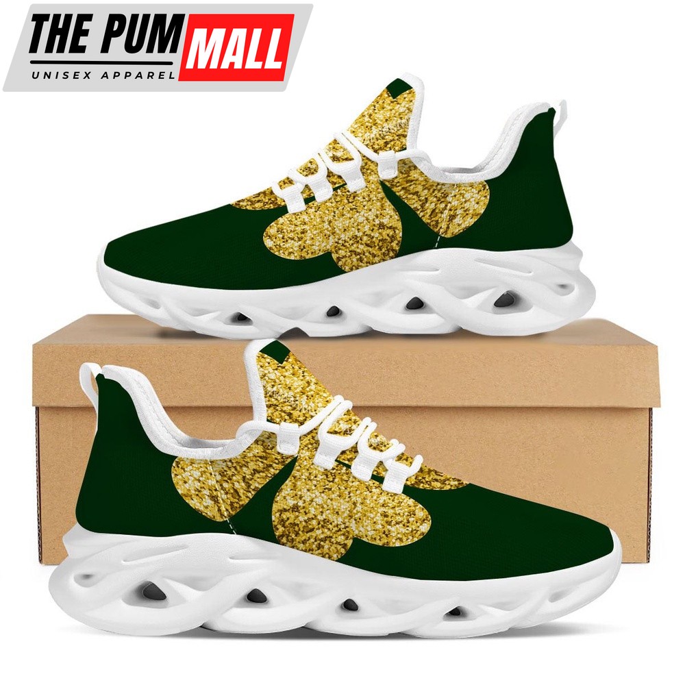 St Patrick’s Running Shoes, St. Patrick’s Day Gold Clover Print White Running Shoes, St Patrick’s Day Shoes