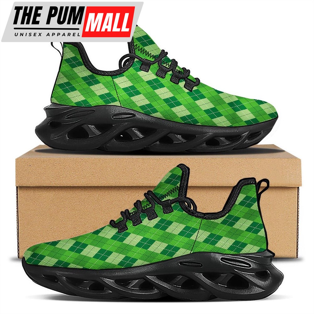 St Patrick’s Running Shoes, St. Patrick’s Day Green Plaid Print Black Running Shoes, St Patrick’s Day Shoes