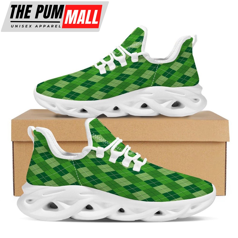 St Patrick’s Running Shoes, St. Patrick’s Day Green Plaid Print White Running Shoes, St Patrick’s Day Shoes