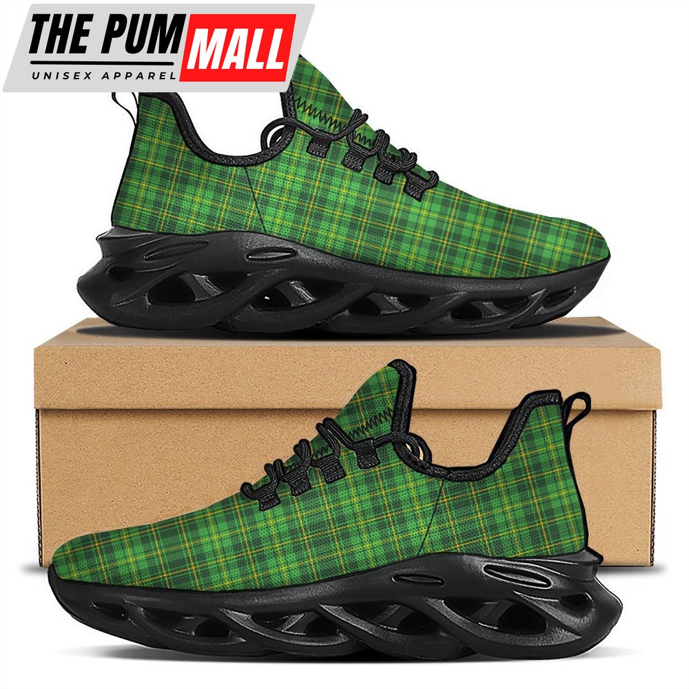 St Patrick’s Running Shoes, St. Patrick’s Day Green Tartan Print Black Running Shoes, St Patrick’s Day Shoes