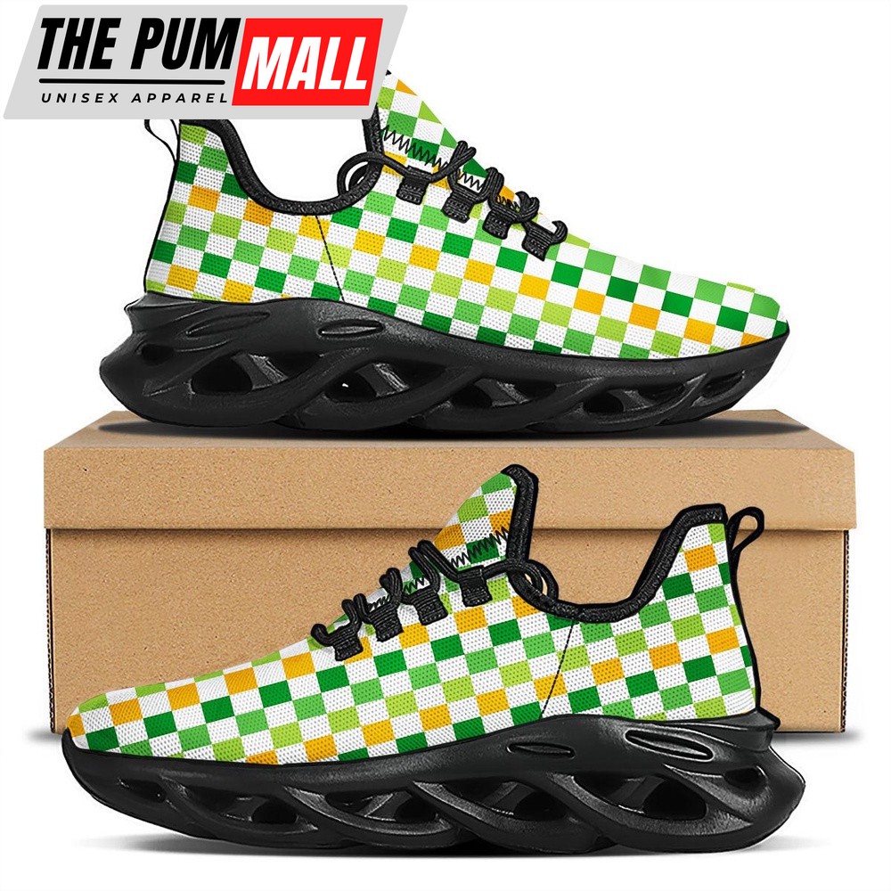 St Patrick’s Running Shoes, St. Patrick’s Day Irish Checkered Print Black Running Shoes, St Patrick’s Day Shoes