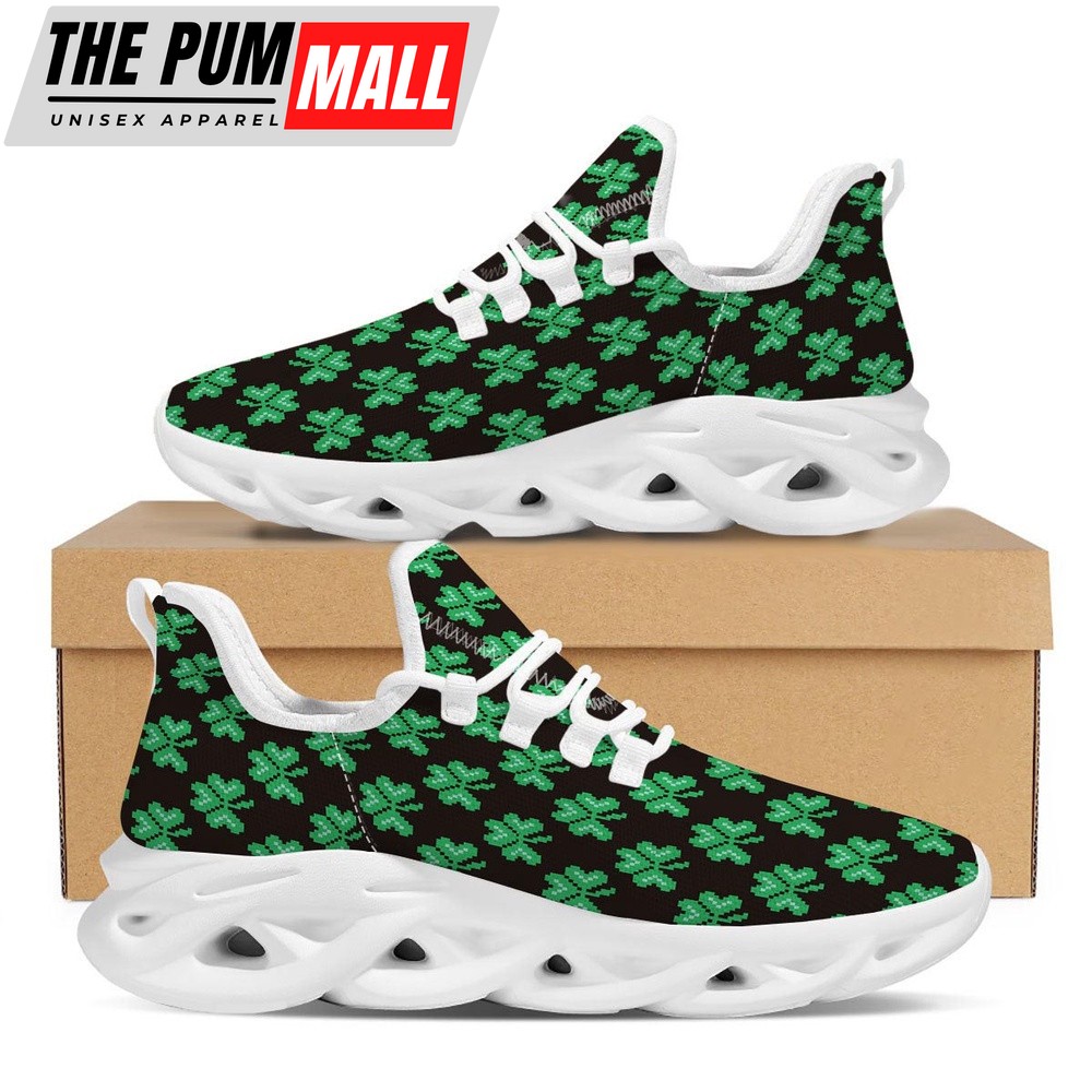 St Patrick’s Running Shoes, St. Patrick’s Day Pixel Clover Print Pattern White Running Shoes, St Patrick’s Day Shoes