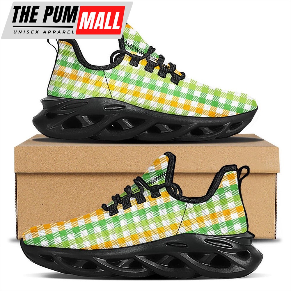 St Patrick’s Running Shoes, St. Patrick’s Day Plaid Print Black Running Shoes, St Patrick’s Day Shoes
