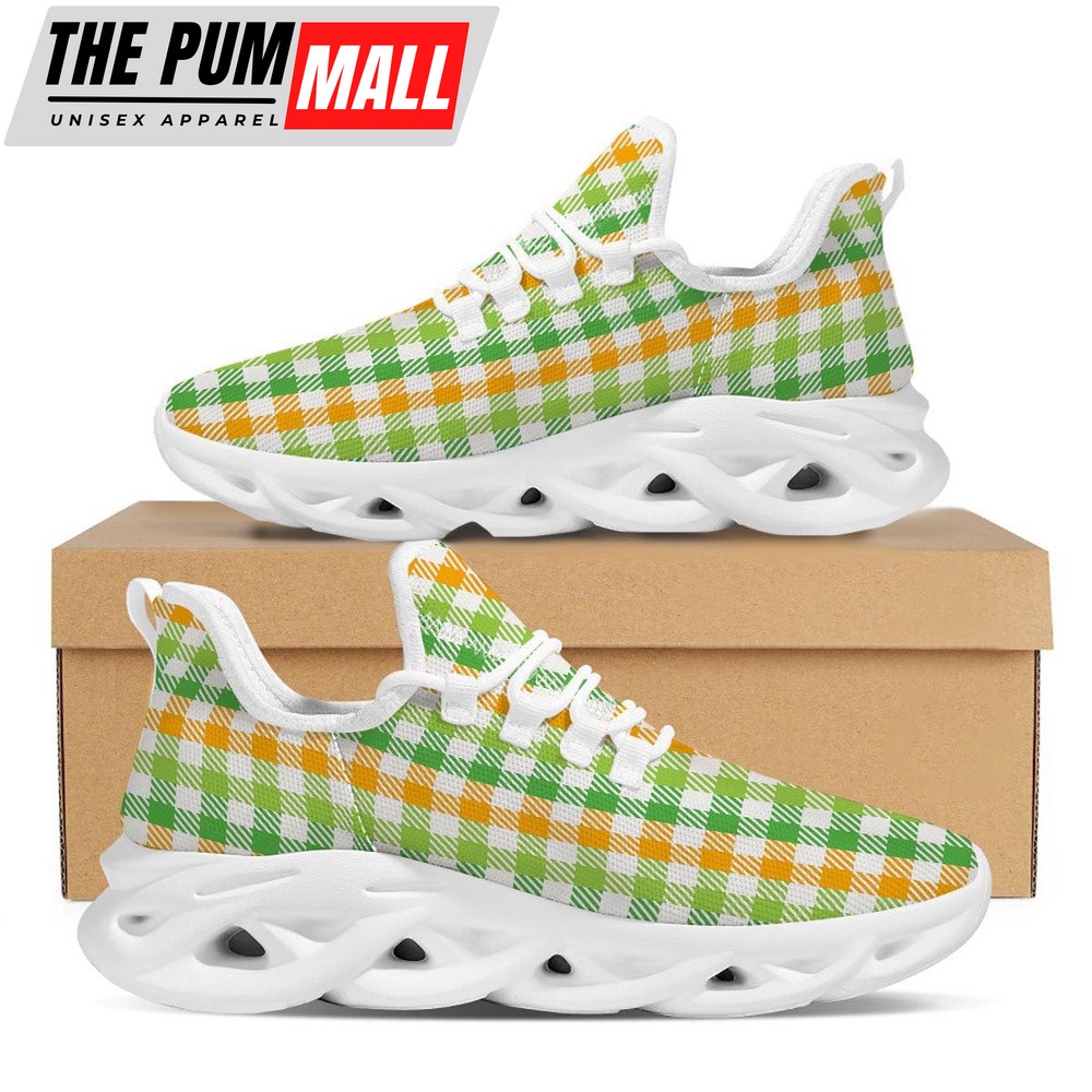 St Patrick’s Running Shoes, St. Patrick’s Day Plaid Print White Running Shoes, St Patrick’s Day Shoes