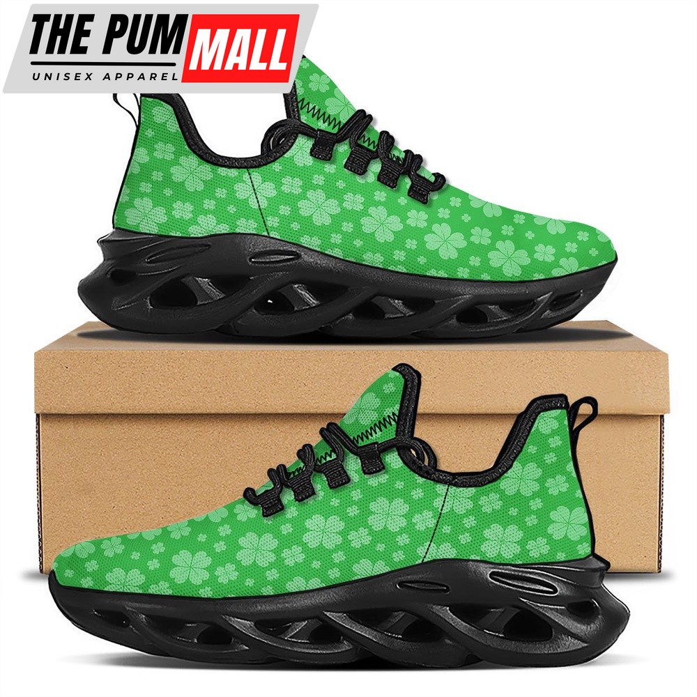 St Patrick’s Running Shoes, St. Patrick’s Day Shamrock Leaf Print Pattern Black Running Shoes, St Patrick’s Day Shoes