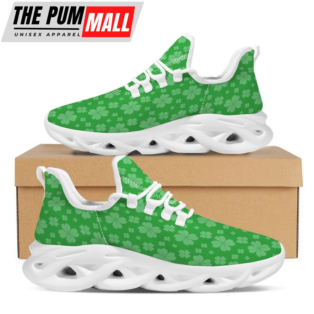 St Patrick’s Running Shoes, St. Patrick’s Day Shamrock Leaf Print Pattern White Running Shoes, St Patrick’s Day Shoes