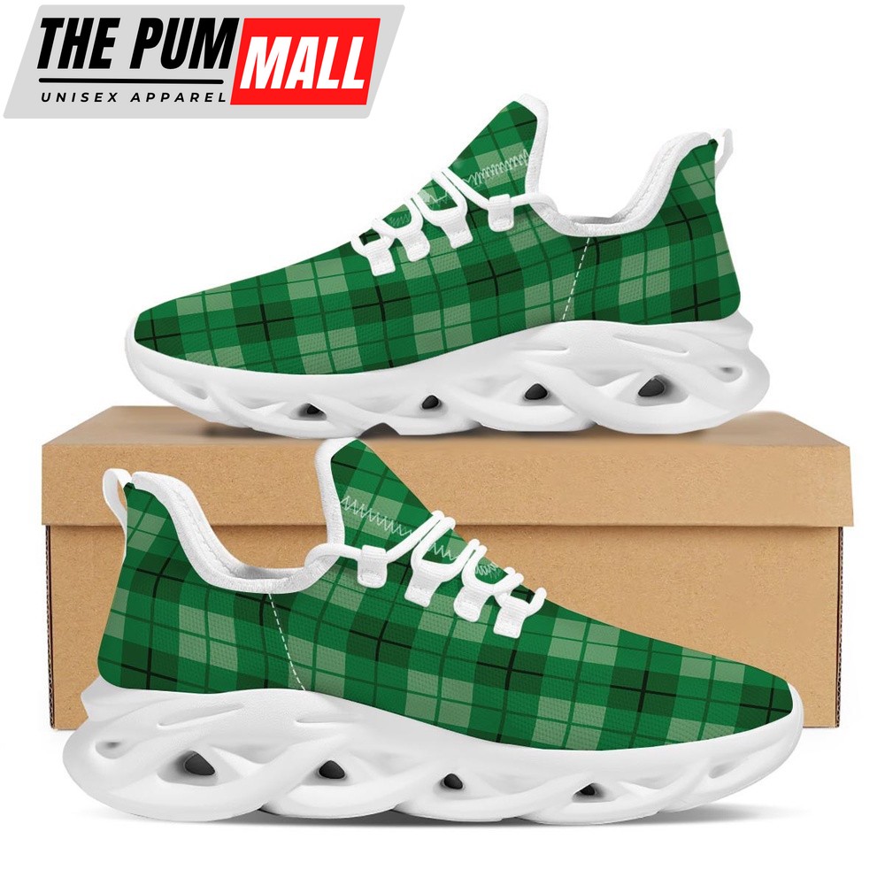 St Patrick’s Running Shoes, St. Patrick’s Day Shamrock Plaid Print Pattern White Running Shoes, St Patrick’s Day Shoes
