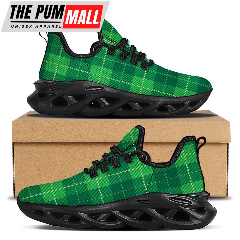 St Patrick’s Running Shoes, St. Patrick’s Day Shamrock Tartan Print Pattern Black Running Shoes, St Patrick’s Day Shoes
