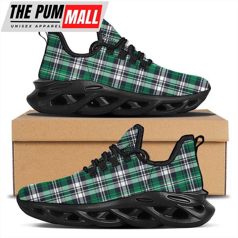 St Patrick’s Running Shoes, St. Patrick’s Day Tartan Shamrock Print Pattern Black Running Shoes, St Patrick’s Day Shoes