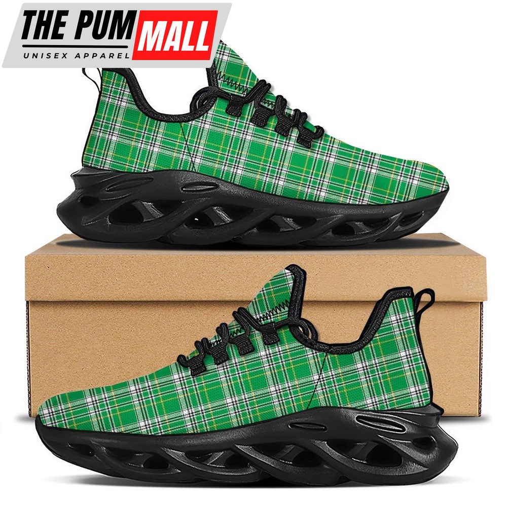 St Patrick’s Running Shoes, Stewart Plaid Saint Patrick’s Day Print Pattern Black Running Shoes, St Patrick’s Day Shoes