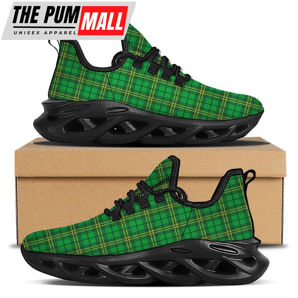 St Patrick’s Running Shoes, Tartan Saint Patrick’s Day Print Black Running Shoes, St Patrick’s Day Shoes