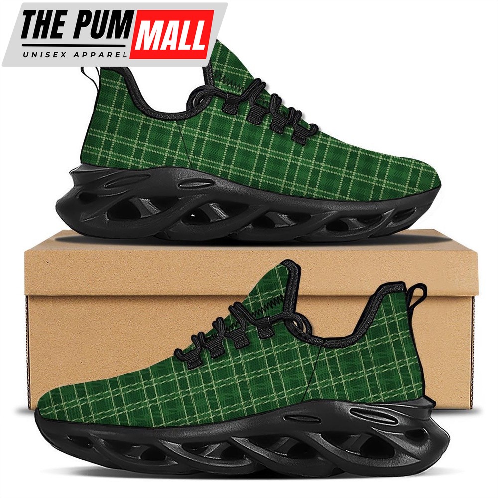 St Patrick’s Running Shoes, Tartan Saint Patrick’s Day Print Pattern Black Running Shoes, St Patrick’s Day Shoes