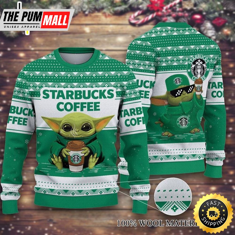Starbucks Coffee Baby Yoda Merry Christmas Knitted Ugly Sweater