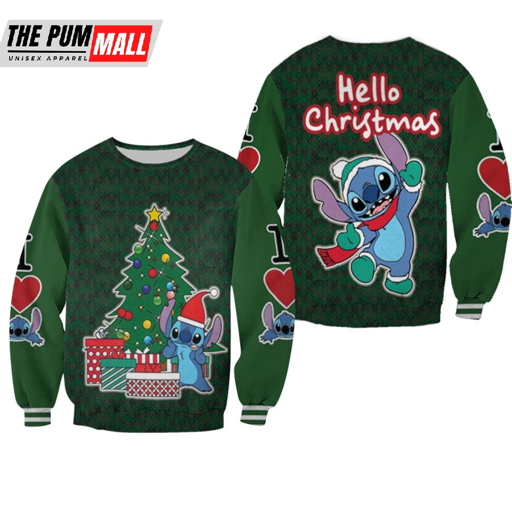 Stitch Christmas Hello Christmas Gift Fairy Lights Tree Green 3d Designed Allover Christmas Ugly Sweater