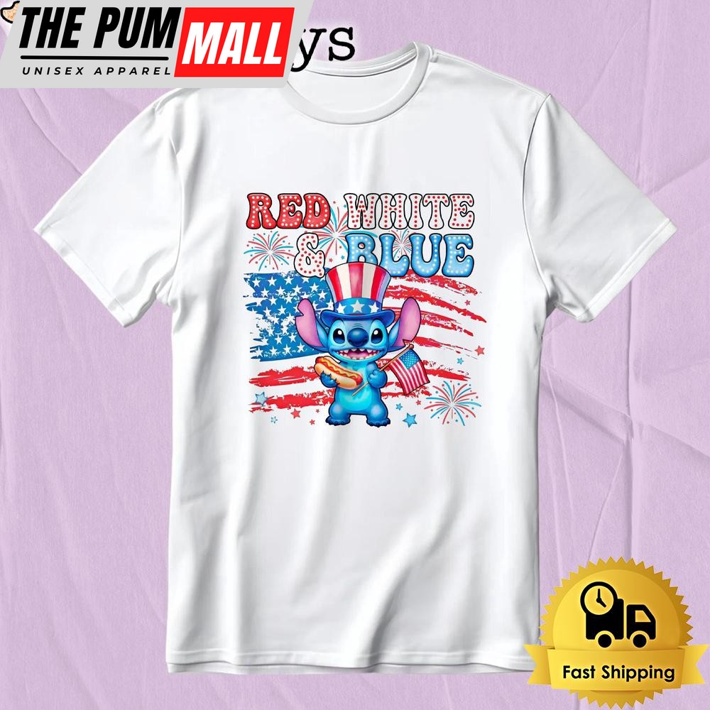 Stitch Hot Dog Eating 4th Of July Retro Patriotic Celebration T-Shirt
