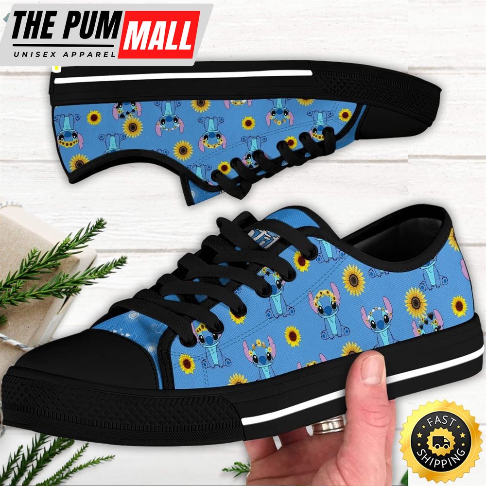 Stitch Sunflowers Blue Black White Disney Cartoon Sneakers Low Top Canvas Shoes