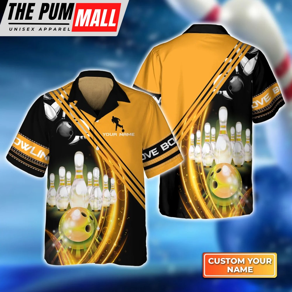 Strike in Style: Yellow Bowling Ball Hawaiian Shirt for Gift Team in Motion with Pins