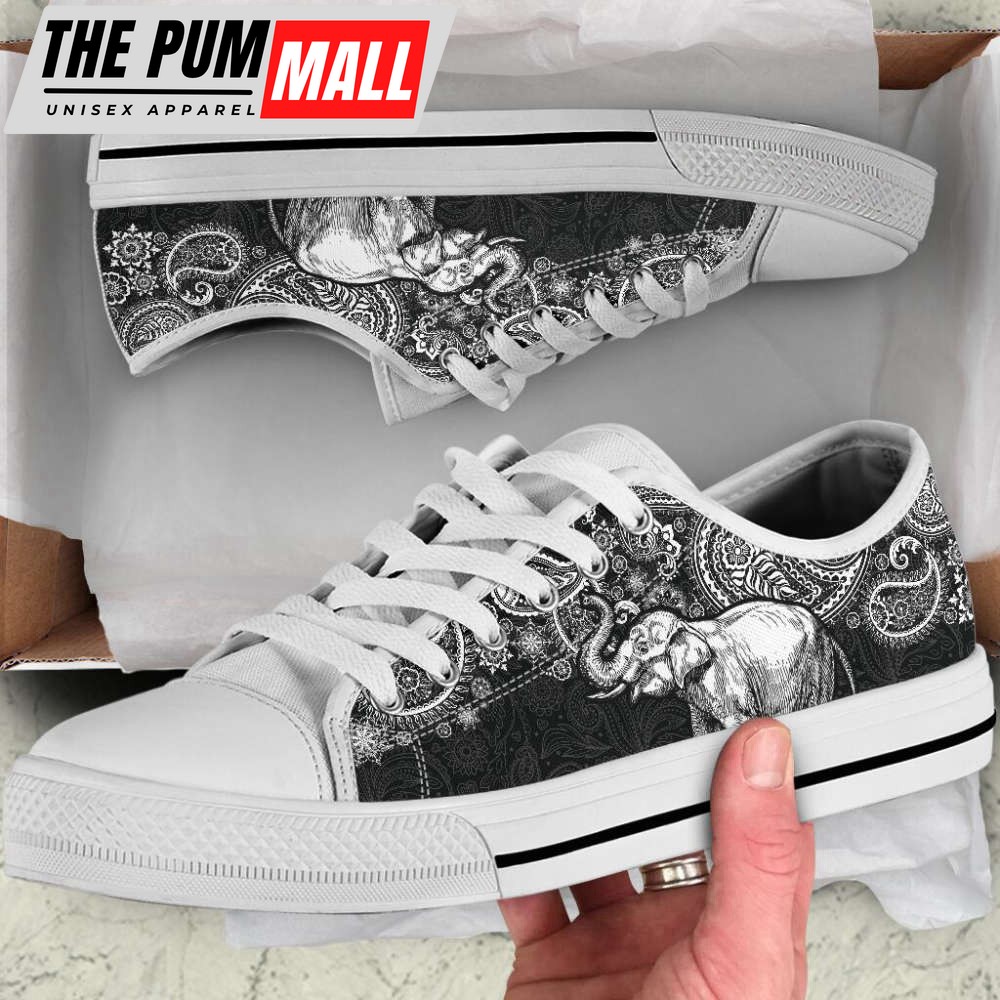 Stylish Elephant Paisley Canvas Print Low Top Shoes – Black & White