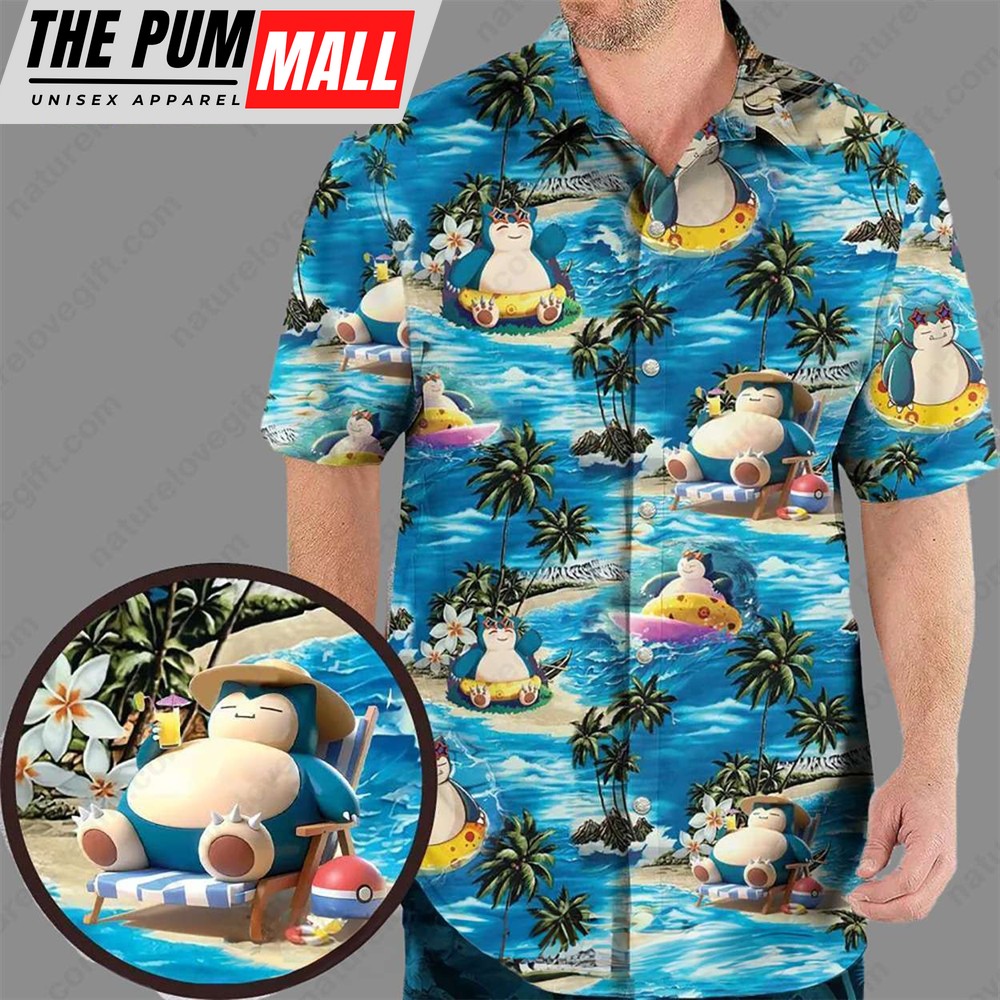 Surfing Pokemon​ Snorlax On Island Pokemon​ Hawaiian Shirt