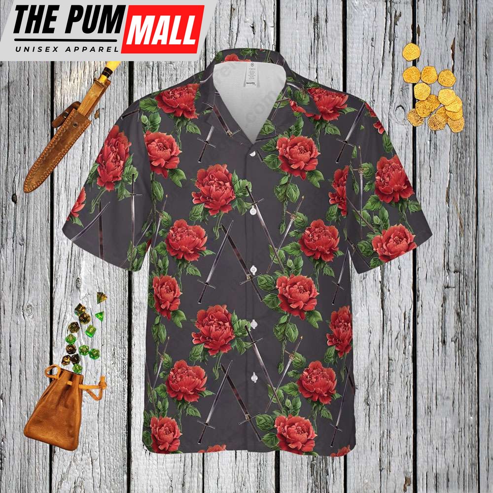 Swords and Roses Button Up Hawaiian Shirt Dnd Dungeon and Dragon Gift